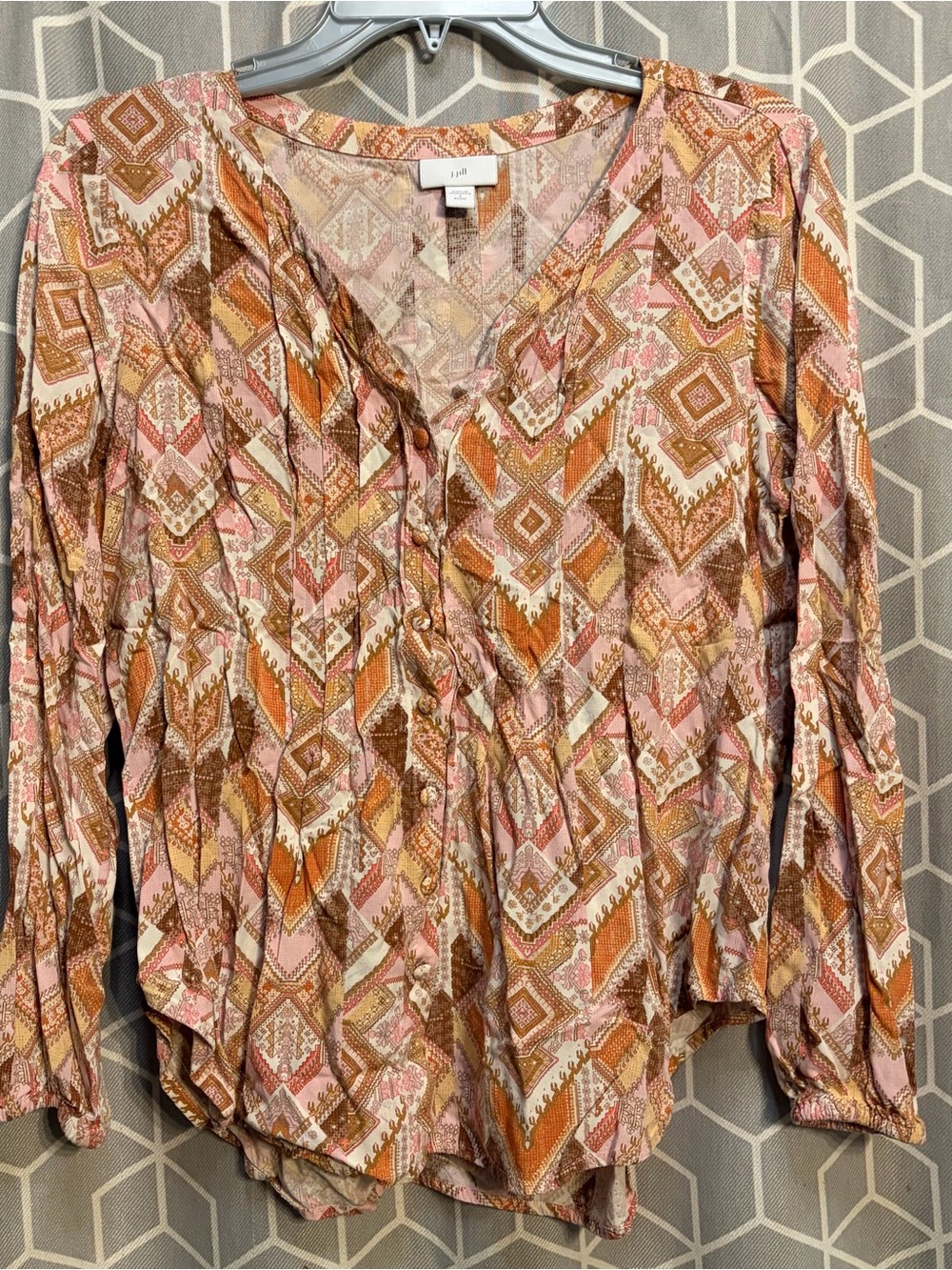 J. Jill Pink and Orange Geometric V-Neck Button Blouse